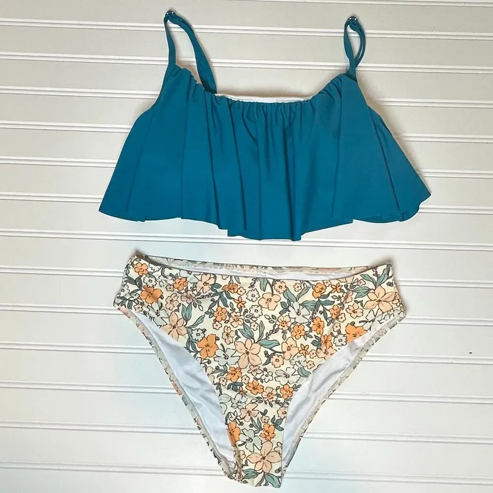Cupshe Women Green Smocked Bikini Set Floral Ruffle High Waist 2 Piece S